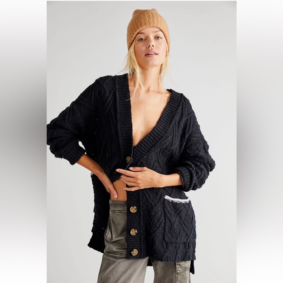 NWOT Free People Montana Cable Cardi - size S color Black Coffee - Picture 1 of 3